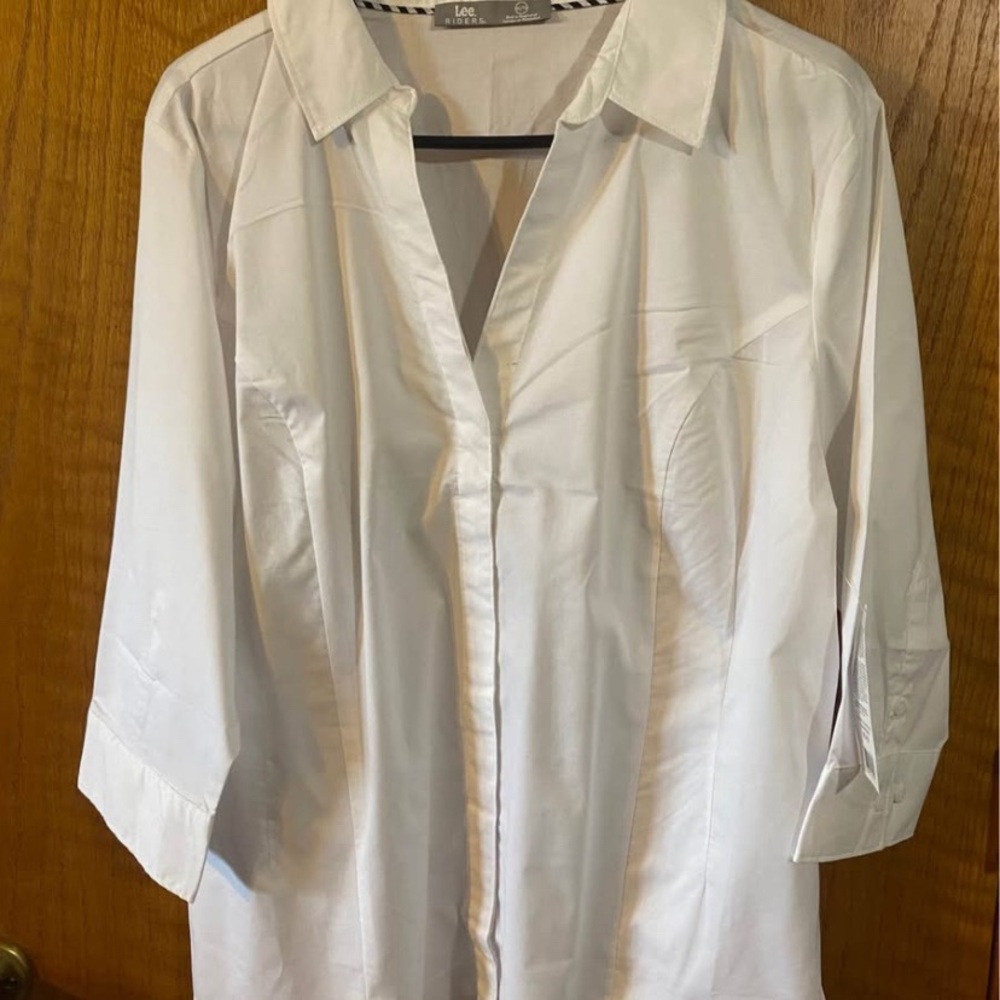 NWT Lee Crisp White Collared Shirt 3/4 Sleeve Button Down XL